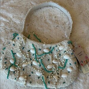 Elegant White and Teal Beaded Women's Bag